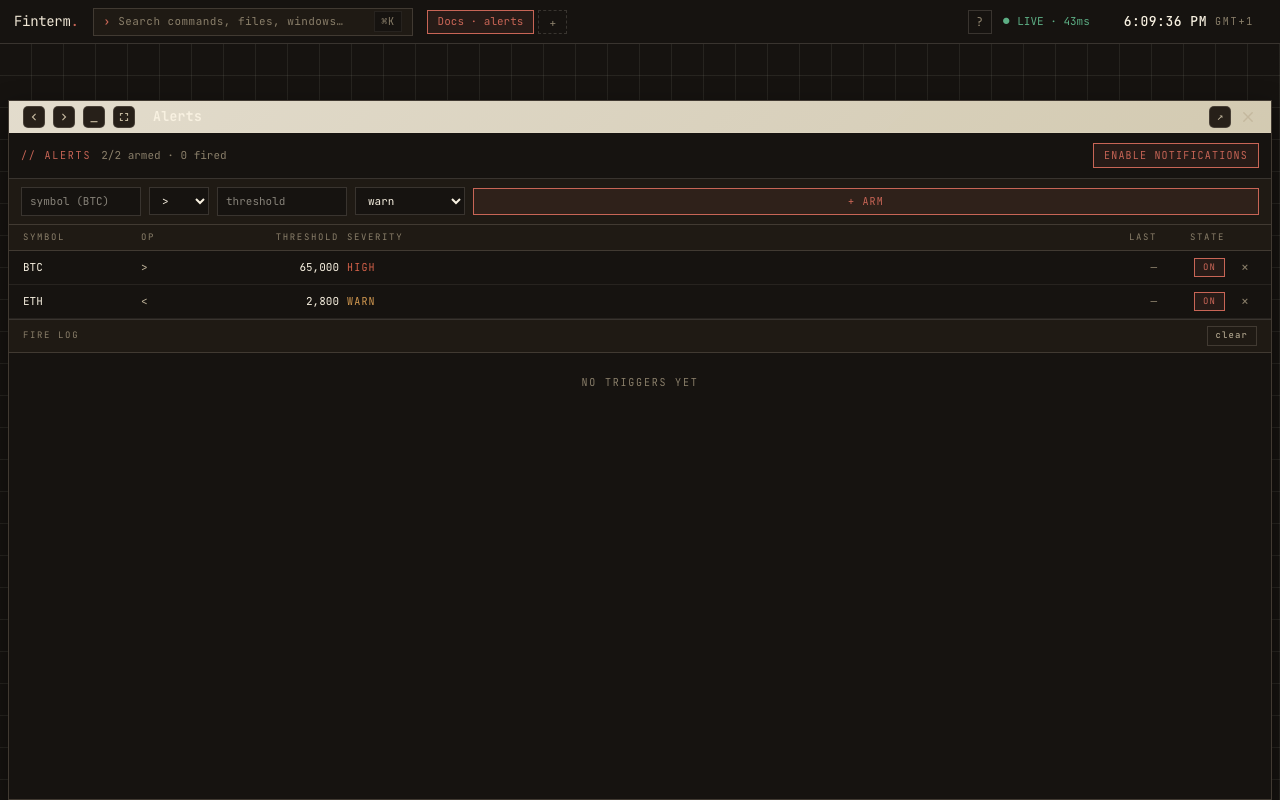 Alerts window with armed price thresholds