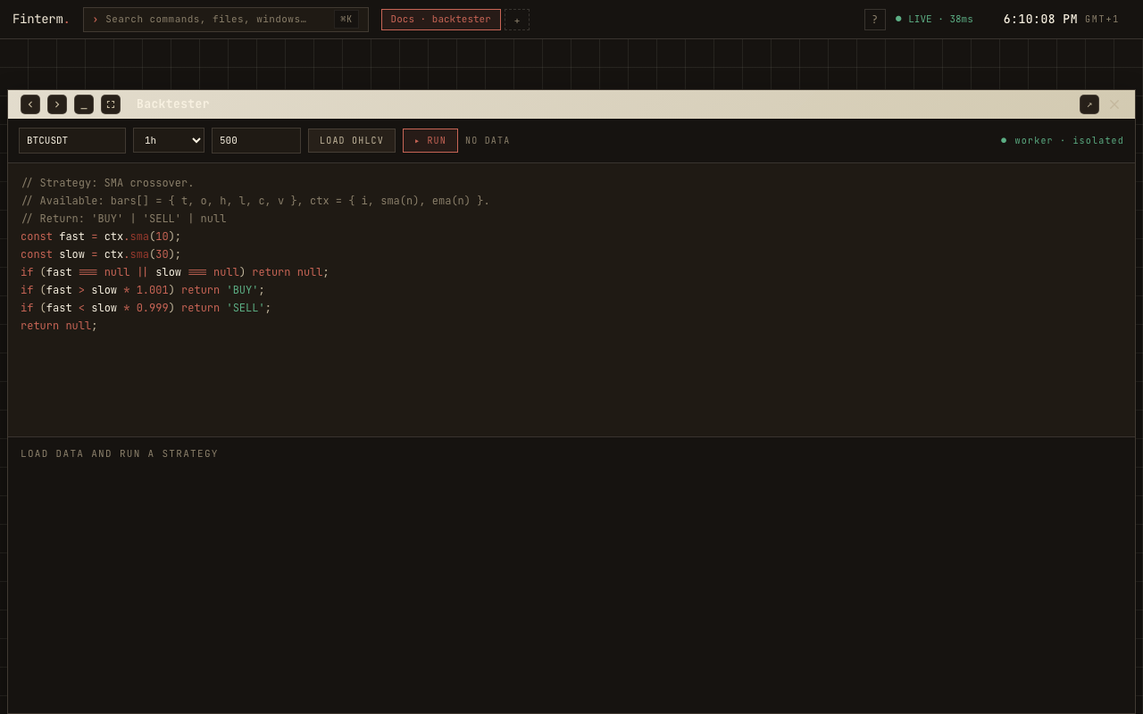 Backtester window with strategy code editor and equity curve