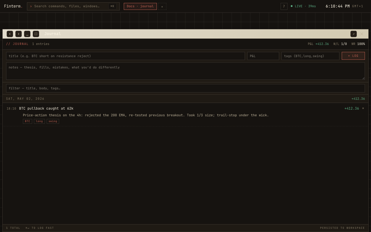 Trading journal with text entries and a P&L summary