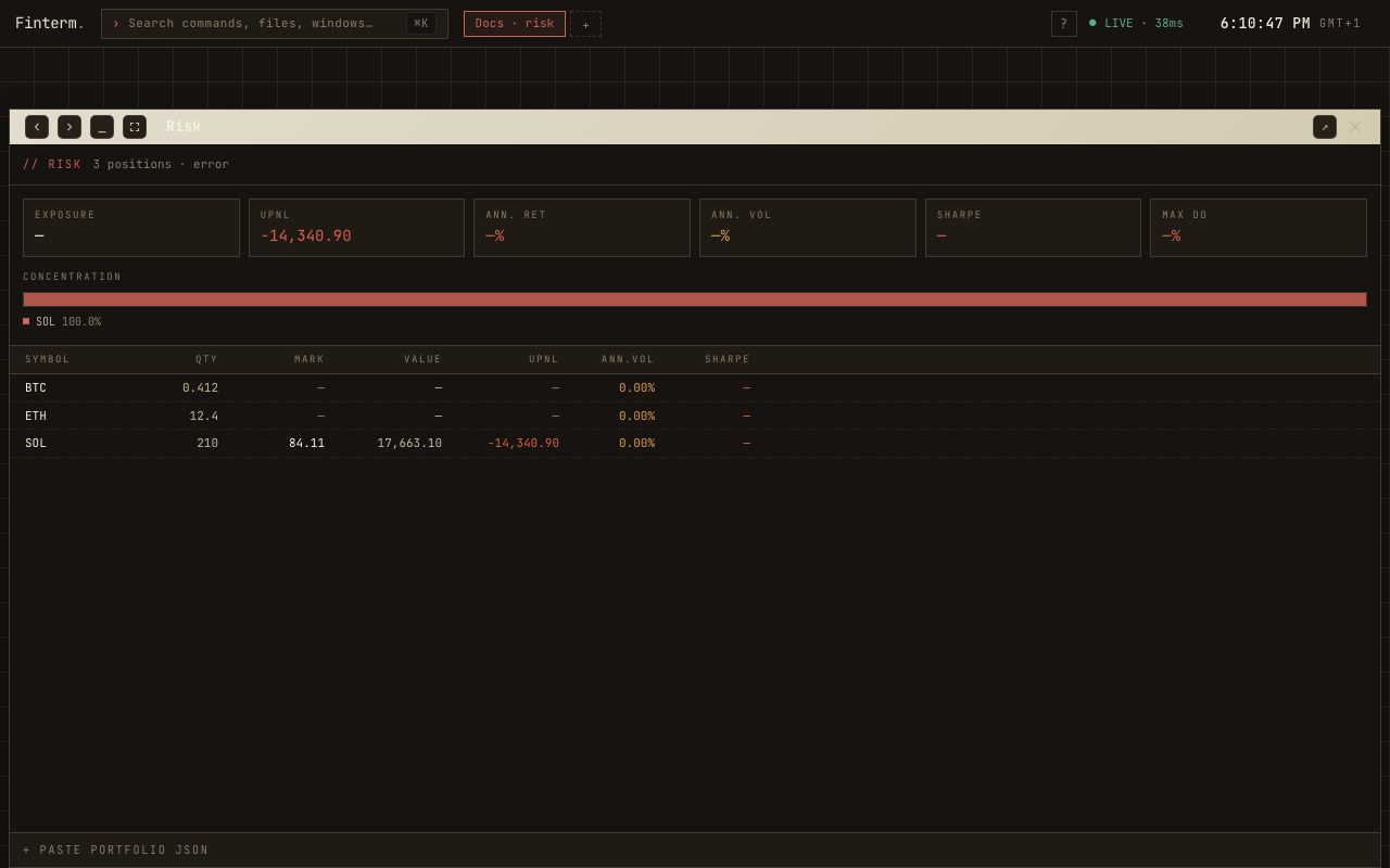 Risk dashboard with sharpe, vol, max DD numbers