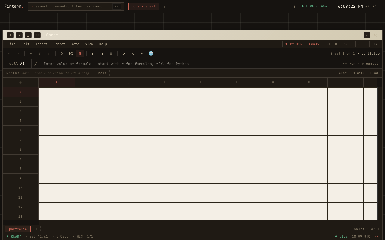Spreadsheet window with formulas and live price cells